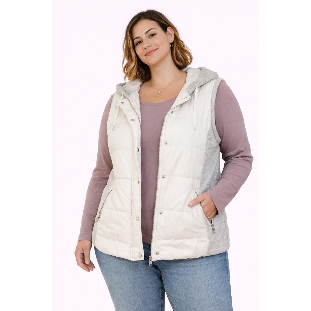 Skies Are Blue Puffer Vest‎ Women L White Grey Hooded Mixed Quilted Gorpcore